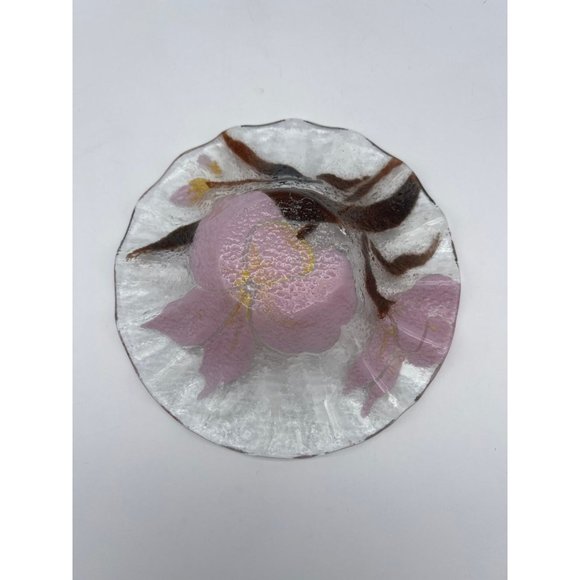 Vintage Sydenstricker Fused Glass Pink Flower Trinket Dish Bowl - Picture 2 of 4